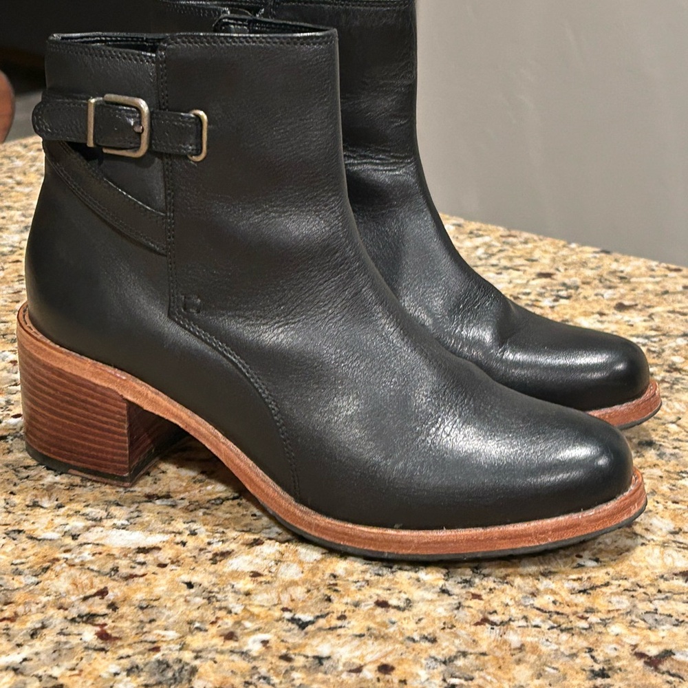 Clarks Black Leather Ankle Booties with Brown Sole